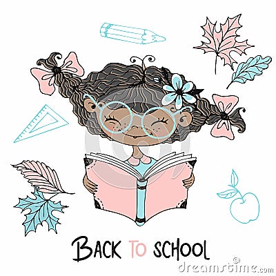 Cute dark-skinned girl with pigtails reading a book. Back to school. Vector Vector Illustration
