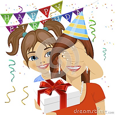 Cute daughter covering her mother eyes giving surprise gift at birthday anniversary party Vector Illustration