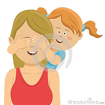 Cute daughter covering mother`s eyes with her hands Vector Illustration