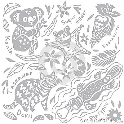 Set with decorated Australian animals and bird in vector. Koala bear, Kookaburra, Sugar glider, Tasmanian devil Vector Illustration