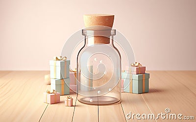 cute decorations In sweet colors on a wooden table jars glass bottles Christmas gift boxes New Year and festive decorations for Cartoon Illustration