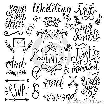 Cute decorations for wedding invitations, overlays with text Save the Date. Vector collection of handwritten catchwords. Vector Illustration