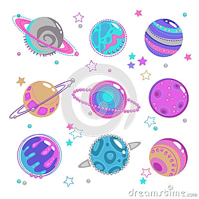 Cute decorative fantasy planet icons set. Vector Illustration