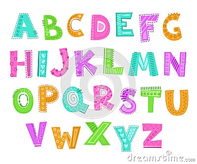 Cute decorative funny childish alphabet. Vector comic font illustration. Vector Illustration