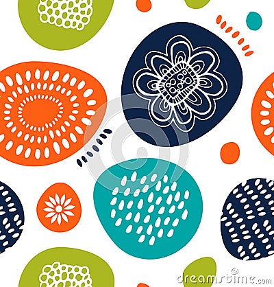 Cute decorative pattern in Scandinavian style. Abstract background with colorful simple shapes. Vector Illustration