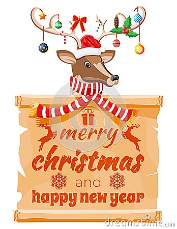 Cute deer with antlers, scarf, holly, bow, baubles Cartoon Illustration