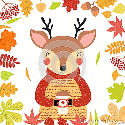 Cute deer in autumn Vector Illustration