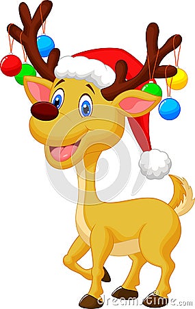 Cute deer cartoon with red hat and christmas ball Vector Illustration