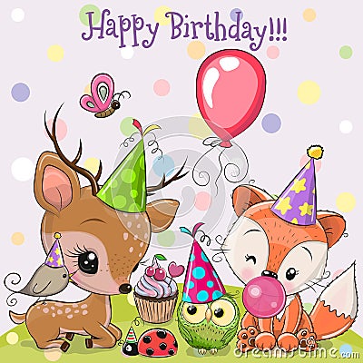 Cute Deer and Fox owls with balloon and bonnets Vector Illustration