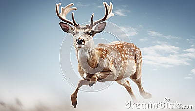 Cute deer jumps in snow, looking at camera in winter generated by AI Stock Photo