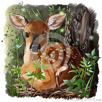 Cute deer lies in the grass. Watercolor drawing Stock Photo