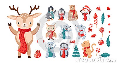 Cute deer, penguins, mouses and items icon set isolated on white background Vector Illustration