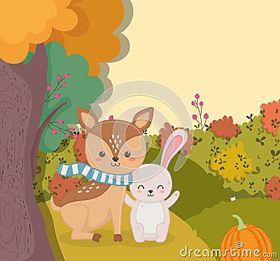 Cute deer with rabbit pumpkin forest hello autumn Vector Illustration