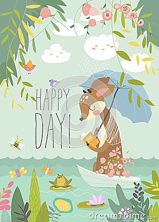 Cute deer reads book in little boat. Hello summer Vector Illustration