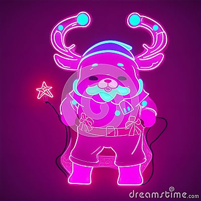 cute deer santaclaus doodle icon on neon light background Stock Photo