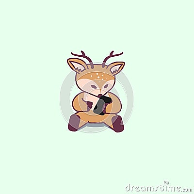 Cute deer sitting with smartphone. Baby deer trying to push on and slide on phone. Vector Illustration