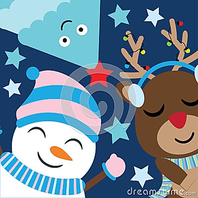 Cute deer, snowman and tree smile on dark blue background cartoon, Xmas postcard, wallpaper, and greeting card Stock Photo