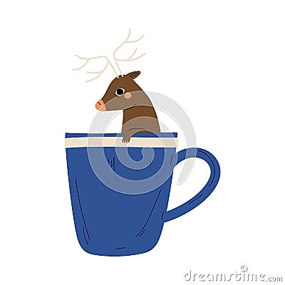 Cute Deer in Teacup, Adorable Little Cartoon Animal Character Sitting in Blue Coffee Mug Vector Illustration Vector Illustration