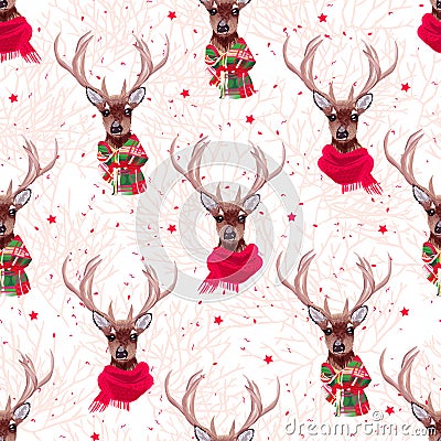 Cute deer wearing stylish winter scarves seamless vector print Vector Illustration