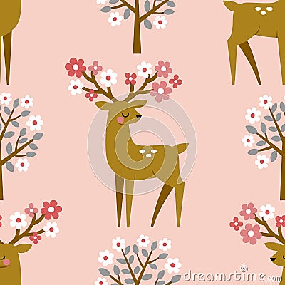 Cute deers and blooming spring trees. Stock Photo