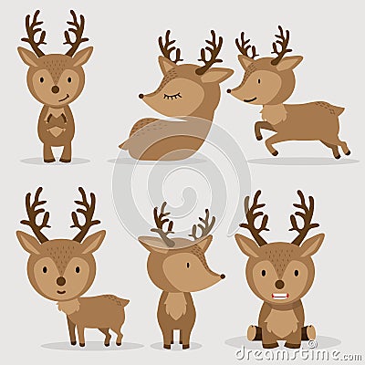 Cute Deers in flat style set Vector Illustration