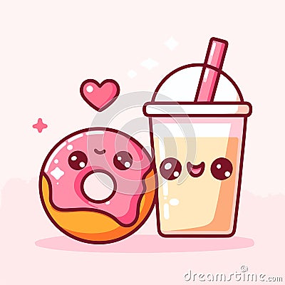Cute delicious donut and a milkshake with a pink heart, kawaii cartoon vector illustration icon, generative ai Cartoon Illustration