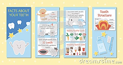 Cute dental care brochure design for kids. Vector funny stomatology information leaflet with cute smiling characters. Teeth facts Vector Illustration