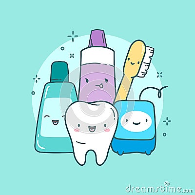 Cute dental care illustration. Tooth, toothbrush, toothpaste, mouth rinse, floss. Vector Illustration