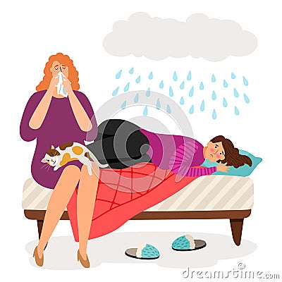 Cute depressed girls and rain Vector Illustration