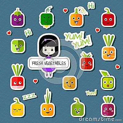 Chibi girl and square vegetable character set Vector Illustration