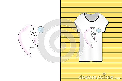 Cute design for a T-shirt. Watercolor kitten plays with a bubble. Print for T-shirts, sweatshirts and souvenirs. Vector Illustration