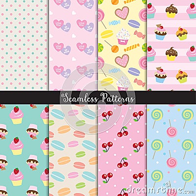 Cute Dessert Seamless Pattern Set Vector Illustration