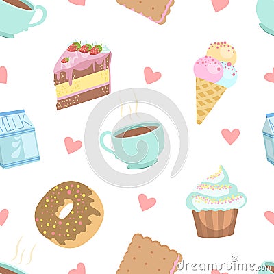 Cute Desserts Seamless Pattern, Cake, Cupcake, Donut, Cookie, Ice Cream, Cup of Coffee Design Element Can Be Used for Vector Illustration