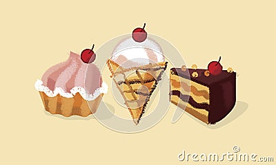 Cute desserts set for kids projects Vector Illustration