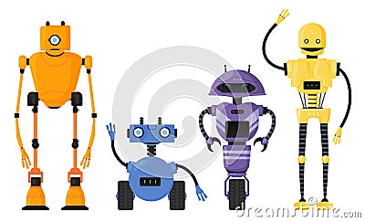 Cute detailed robot set vector isolated. Cartoon robotic character Vector Illustration