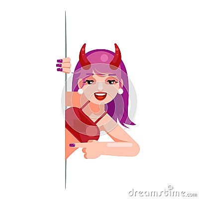 Cute devil girl demon cartoon support help consultation advice promotion looking out corner character halloween solution Vector Illustration