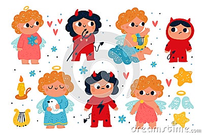 Cute devils and angels. Funny kids fairytale creatures. Red demons and pretty cupids. Good and bad. Different emotions Vector Illustration