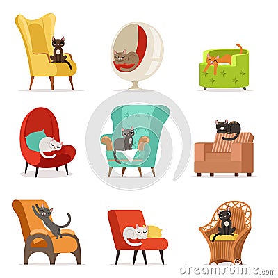 Cute different cats characters lying and resting on armchairs set of vector Illustrations Vector Illustration