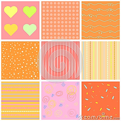 Cute different seamless patterns. Pink and white. Endless texture can be used for sweet romantic wallpaper, pattern fill, w Stock Photo