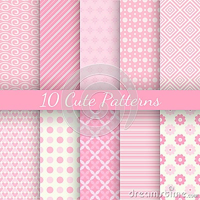 10 Cute different vector seamless patterns. Pink Vector Illustration