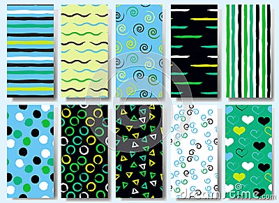 10 Cute different vector seamless patterns . Wavy lines, swirles, circles, triangles and hearts. Endless texture can be Vector Illustration