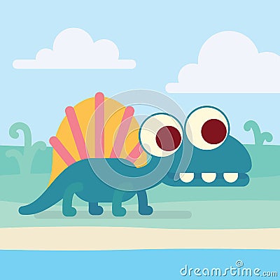 Cute Dimetrodon on the shore. Animal life. Vector illustration of prehistoric character in flat cartoon style isolated Vector Illustration