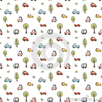 Cute Dino Cars Seamless Pattern, Childish Cartoon background, vector Illustration Vector Illustration