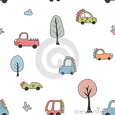 Cute Dino Cars Seamless Pattern, Childish Cartoon background, vector Illustration Vector Illustration