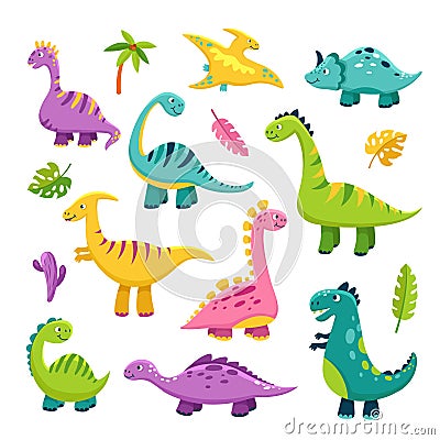 Cute dino. Cartoon baby dinosaur stegosaurus dragon kids prehistoric wild animals brontosaurus isolated dinosaurs vector Vector Illustration