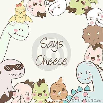 Cute dino cartoons say cheese Vector Illustration