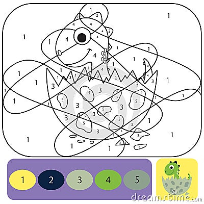 Cute dino coloring page for kids. Coloring puzzle with numbers of color Vector Illustration