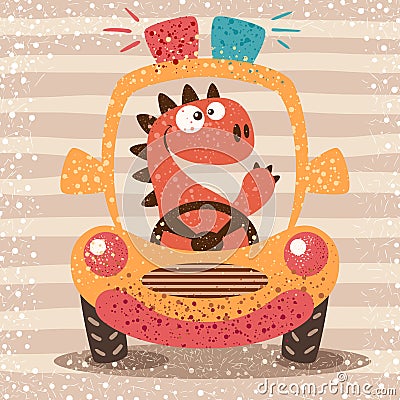Cute dino drive funny car. Vector Illustration