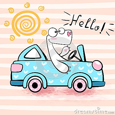 Cute dino drive funny car. Vector Illustration
