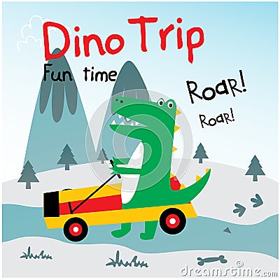 Cute dino drive funny car Vector Illustration